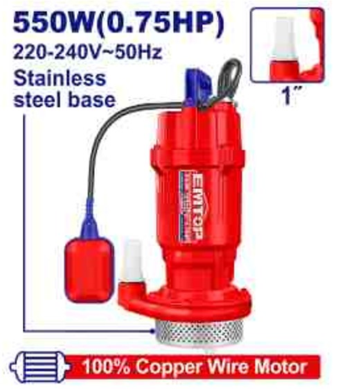 Professional 550W 0.75HP Submersible Pump 220-240V Clean Water - Max Head 25m 117L/min Flow Copper Motor Stainless Steel Float Switch Included